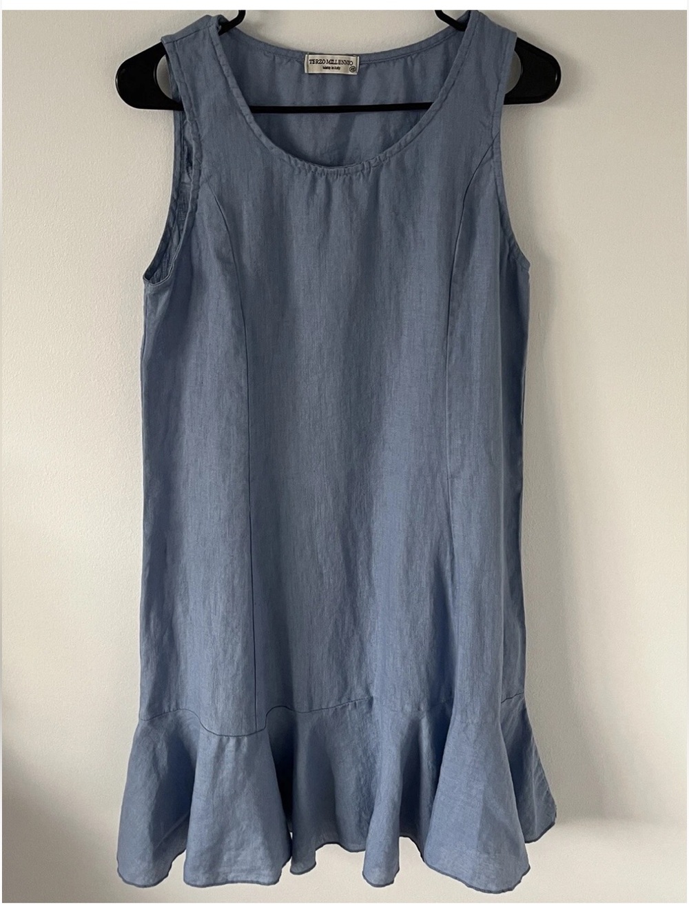 Terzo Millennio 100% Linen Summer Dress Italy Sz XS Light Sky Blue Ruffle *G16
